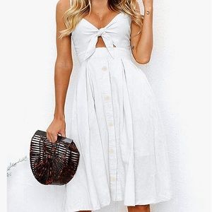 Tie Front V-Neck Spaghetti Strap Button Down A-Line Backless Swing Midi Dress